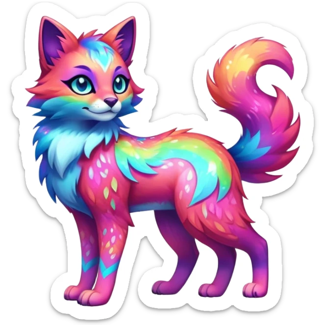 Vibrant multicolored neon-colored Falvie-Fionbri-creature-sparkle-feline-canine-hybrid-fursona, full body, fur pattern-markings sticker