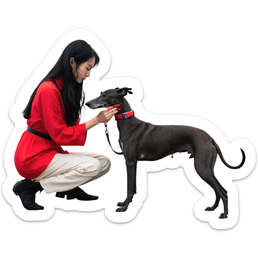 A very beautiful and attractive 25-year-old Japanese woman with long flowing black hair gently petting a PURE SOLID DARK GREY whippet wearing only a bright RED COLLAR on a beach at night under a starry sky. The whippet MUST be 100% SOLID DARK GREY with ABSOLUTELY NO WHITE MARKINGS ANYWHERE - specifically NO WHITE on face, NO WHITE on chest, NO WHITE on paws, NO WHITE anywhere - ENTIRELY ONE CONSISTENT SOLID DARK GREY COLOR throughout the entire dog from nose to tail tip. Only exception is the bright red collar. Deep blue night sky filled with bright stars, moonlight reflecting on the ocean, sandy beach in the foreground. sticker