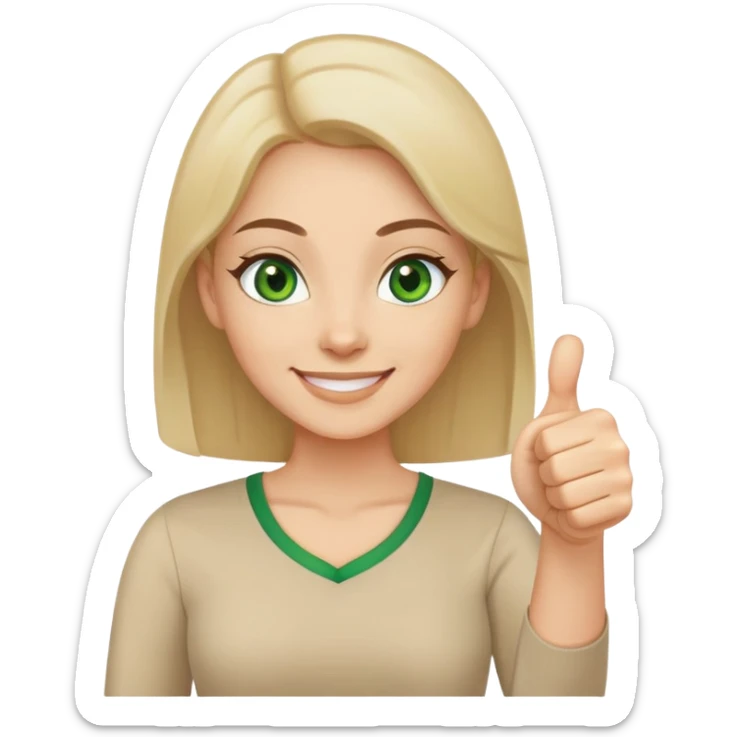 thumbs up emoji light skinned woman green eyes encouraging teacher beige top sticker