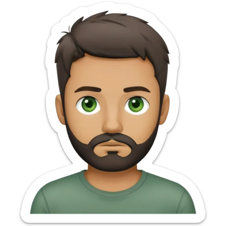 man with dark messy short hair, dark green eyes, gray T-shirt, and short beard sticker