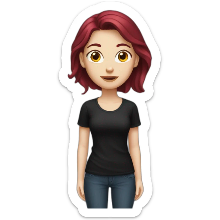 a white girl with burgundy hair in a black T-shirt sticker