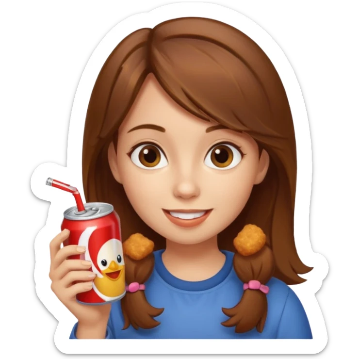 brown hair girl eating with mouth on the chicken nugget and holding a soda can sticker