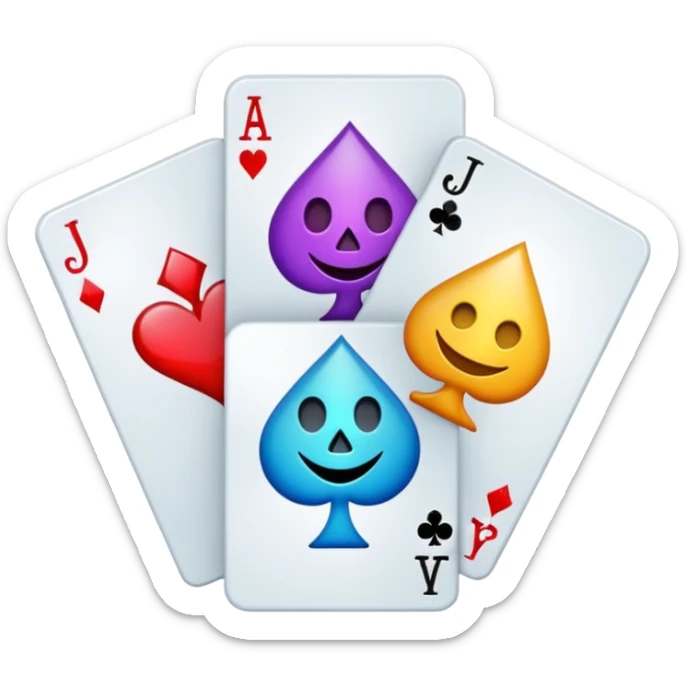 bunch of 3 poker cards, with crazy colorful jolly jokers inside, inversed face sticker