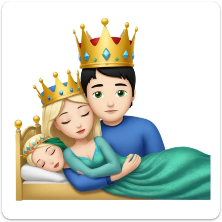 Blonde Queen with crown, Green eyes, naked, kissing man, naked, no crown, black hair, blue eyes, whole Body, Background sleeping room  sticker