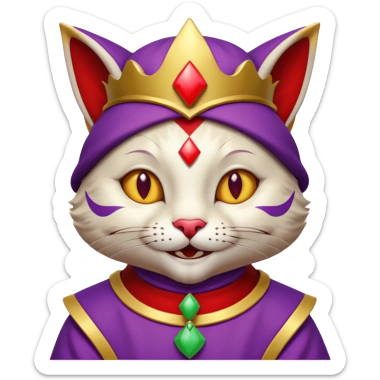 crazy colorful cute little cat jolly joker from poker, medieval, vintage, court jester, mac os icon, purple, gold and red color, half body. Squared shape as 3D mac os icon sticker