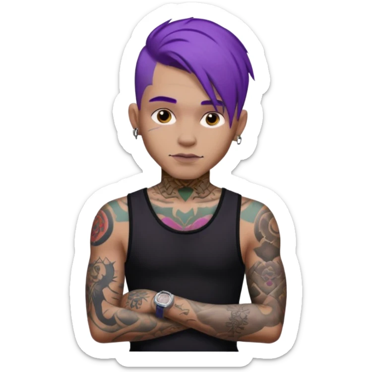 men with tatoos and hightlight that tatoos with purple hair and black dress and close look sticker