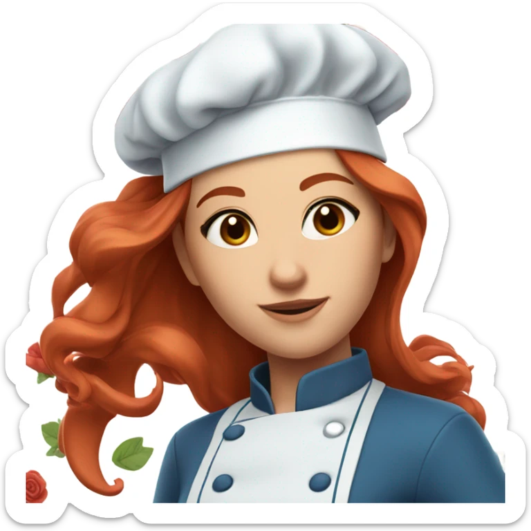 Attractive long red hair girl chef, with blue clothes on all blue.. and roses on her clothes with beautiful brown eyes not round  sticker