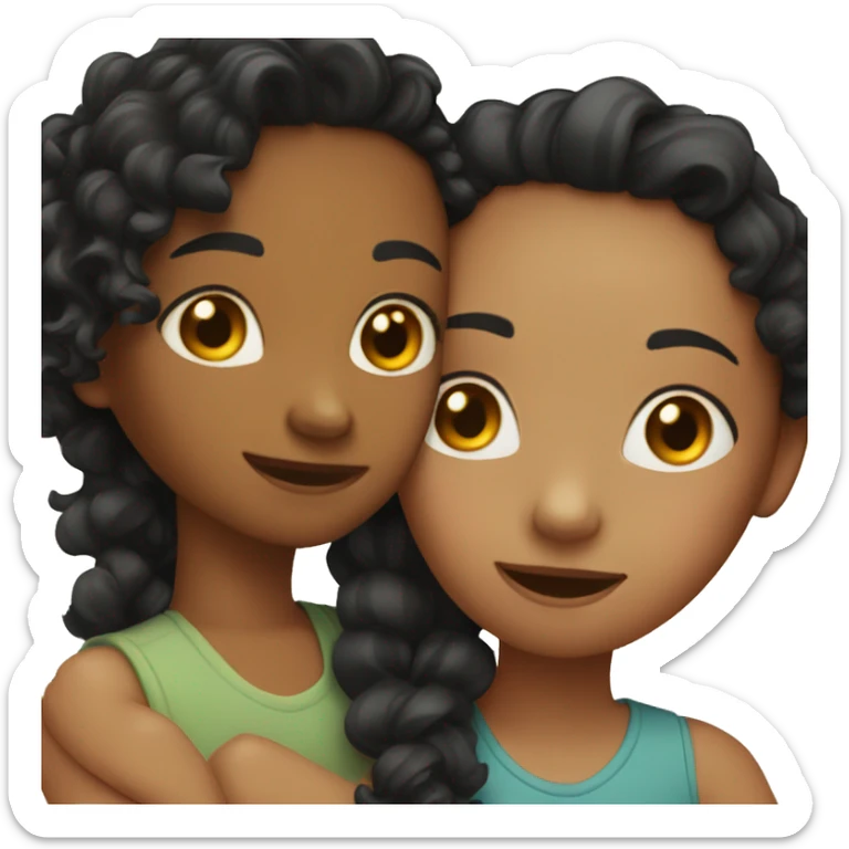 2 girls, one with black curly hair and one with ginger hair hugging sticker