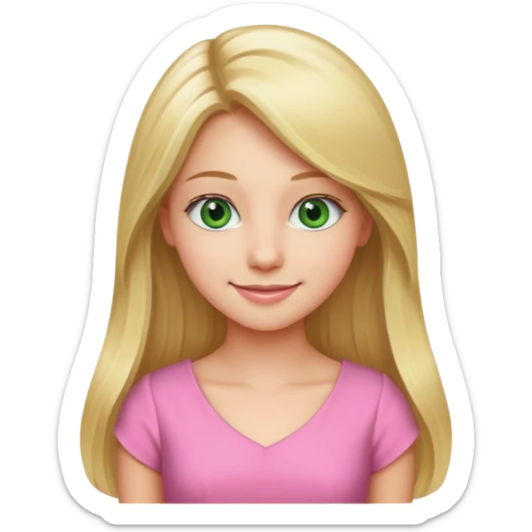 long blonde hair, real estate broker, 20 years old with a smile, green eyes, cute pink corporate dress sticker