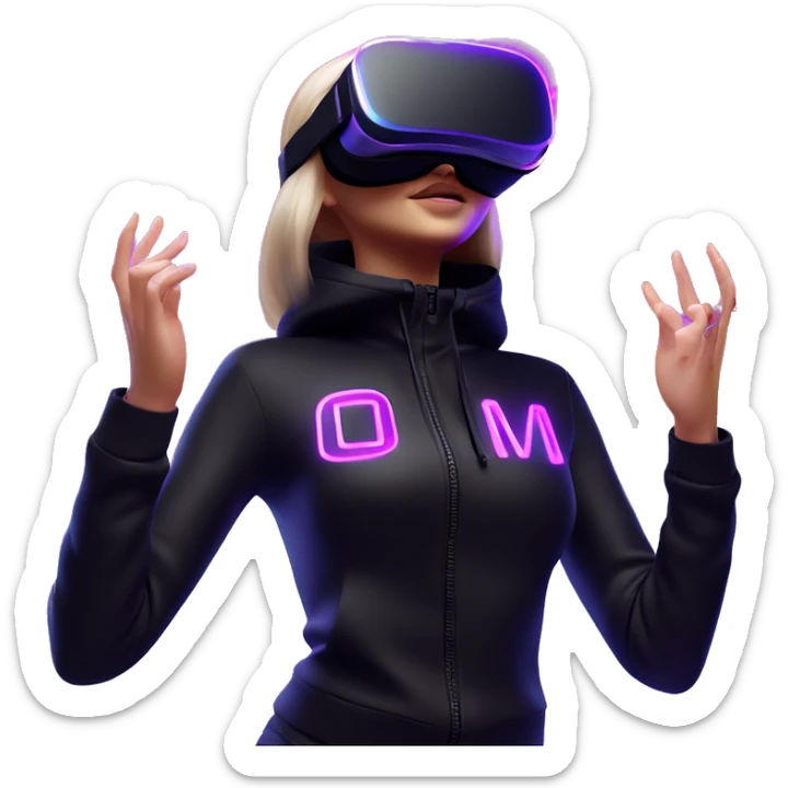 Russian girl wearing black hoody with violet letters "OMG", in vr headset oculus quest2. Dancing. Cyberpunk style. Violet neon. sticker