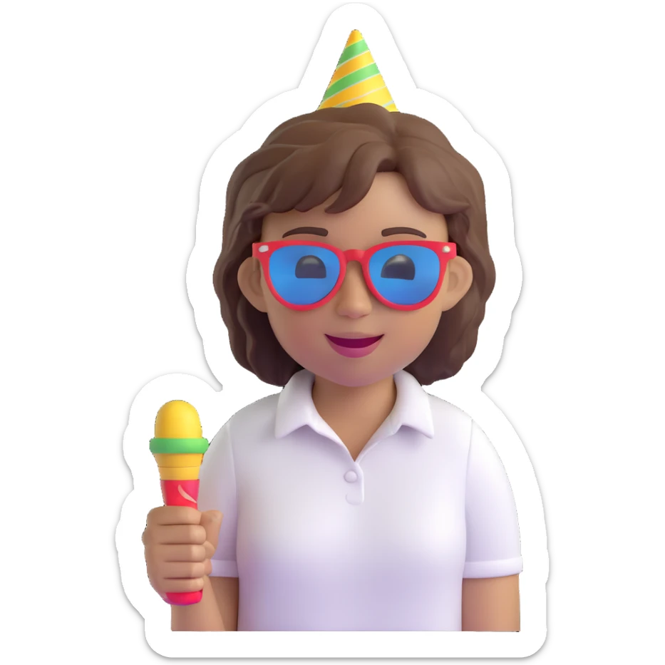 3D emoji style character with short tousled brown hair, light skin, white shirt, festive party vibe, sunglasses, party horn, cheerful expression, fiestero emoji sticker