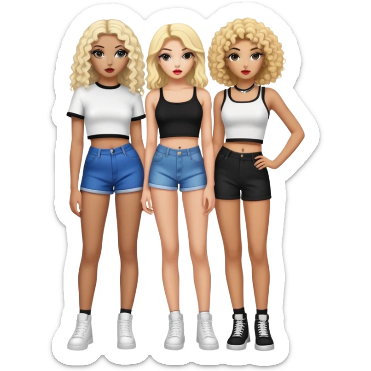 Full body of two teenage girls standing together, one white with straight blonde hair and one brown-skinned with curly black hair, both with heavy makeup, big lips, crop tops and choni style clothing sticker