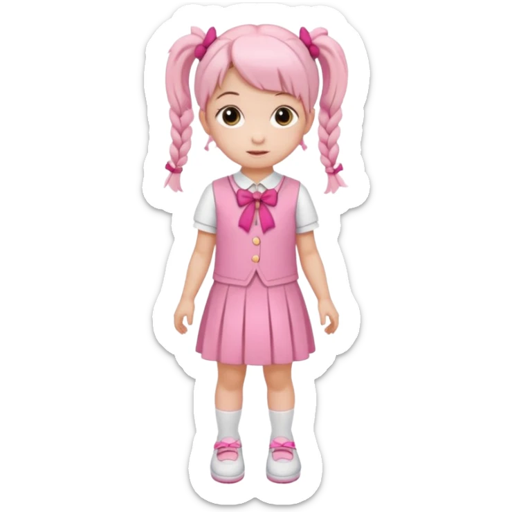 small girl wearing pink student uniform, white dress, white shoes and a bow on her pigtail hair sticker