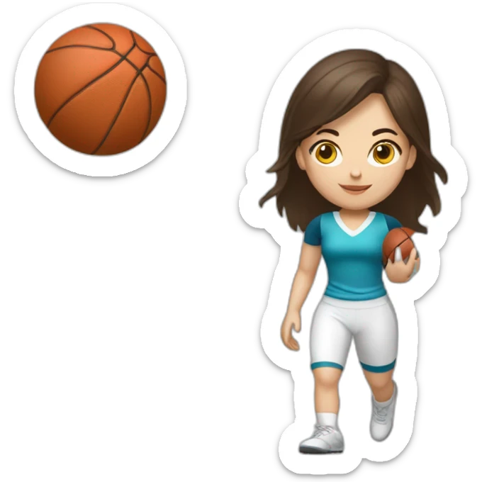 White skin brunette female playing football with very small basket ball sticker