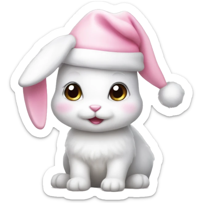 A white little cute bunny wearing a little cute pastel pink Christmas hat sticker
