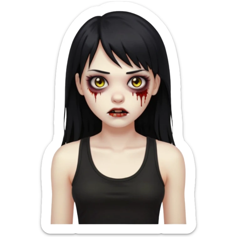 Crie um emoji de zumbi garota do iphone que tenha o cabelo preto longo, de cumprimento no peito, que tenha uma franja no tamanho da sobrancelha, com os olhos escuros e que use uma regata preta sticker