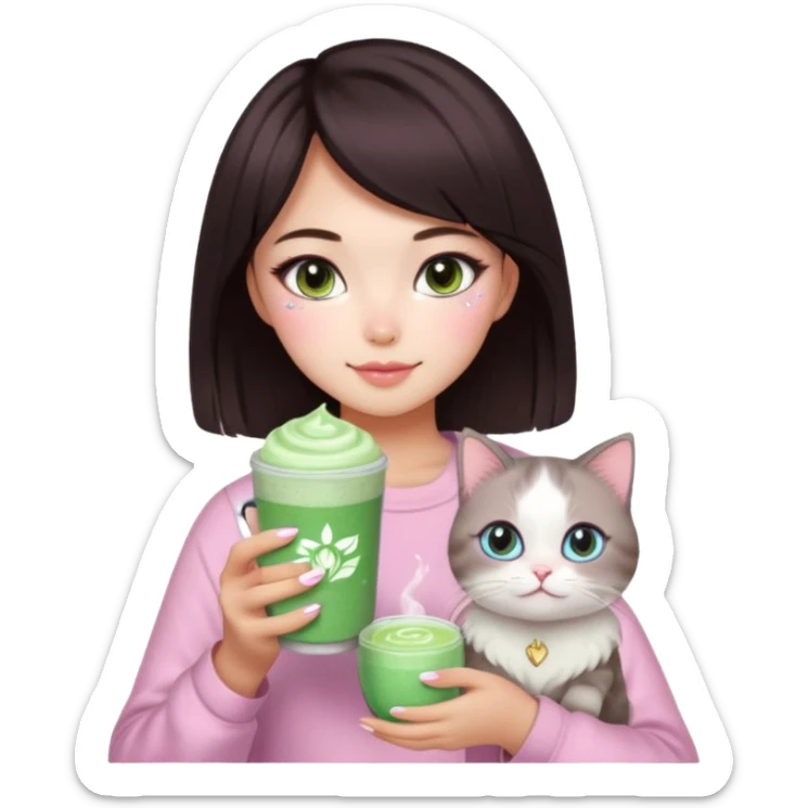 asian girl with short dark brown hair with a soft girl pink glowup aesthetic. matcha latte sparkles girly things, 2 ragdoll cats, skincare, makeup, money, luxury, add makeup and sparkles sticker