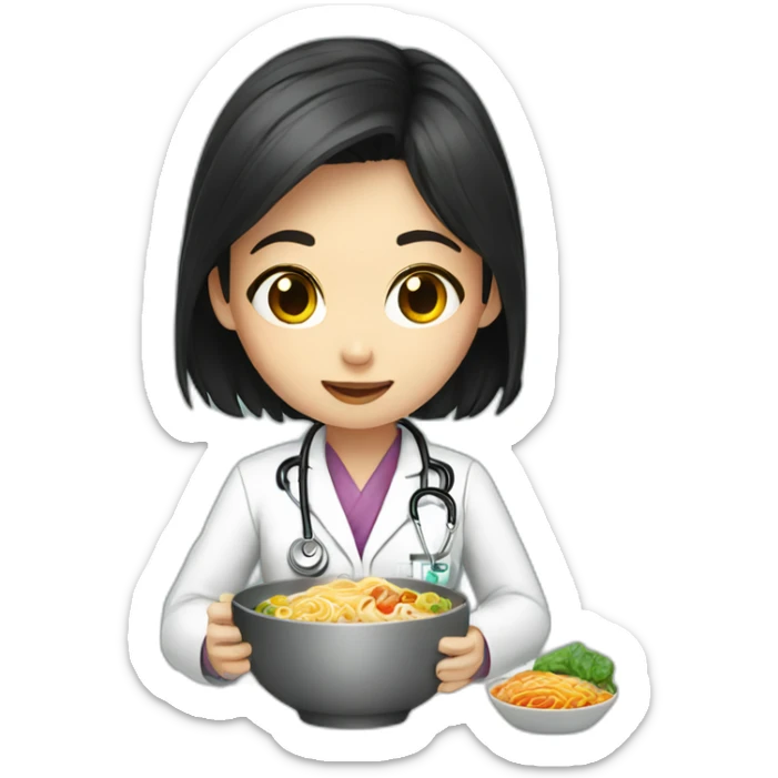 doctor girl with dark hair eating ramen bowl sticker