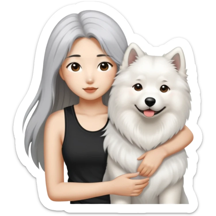  asiatic girl in the black tank top with long gray  hair and a samoyed sticker