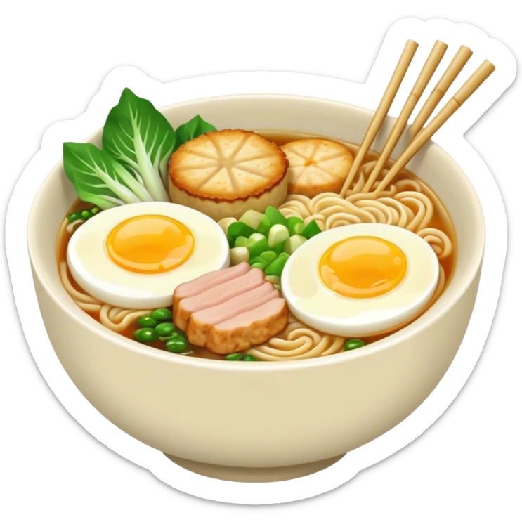 Delicious bowl of ramen noodles with miso soup broth base, bamboo, bok choy, eggs, pork, fish cakes, and green onions sticker