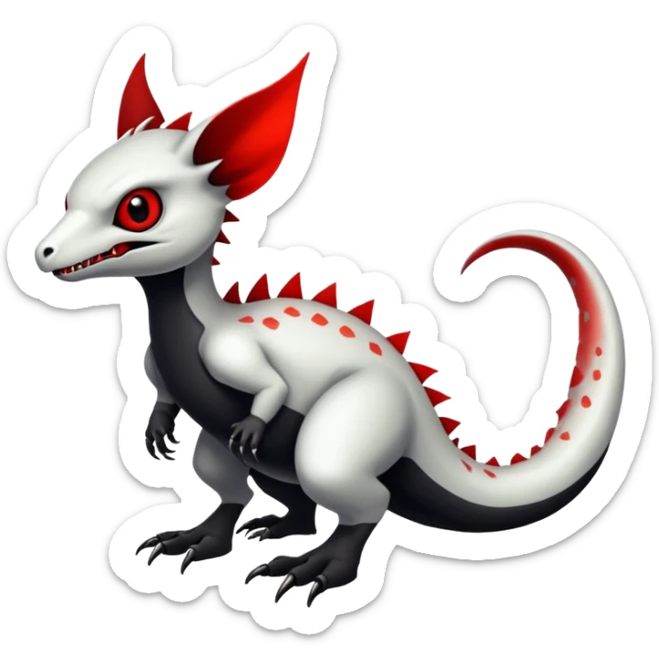 a white exotic edgy vernid-fionbr-Fakémon-creature, with black belly and red eyes, full body sticker