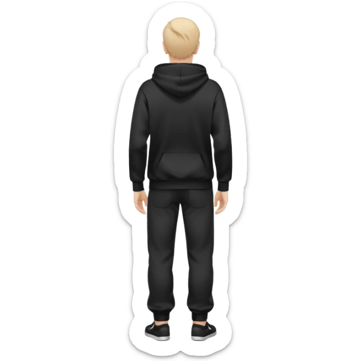 fullbody caucasian man in black hoodie on head, hands in pockets and black pants rear backview sticker
