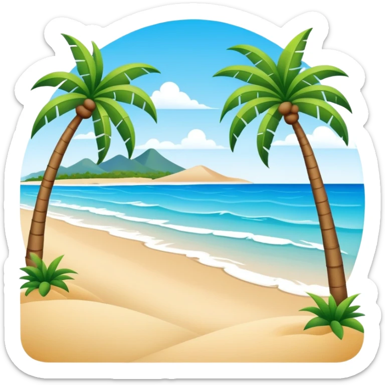 Sanya tropical beach Hainan Island with palm trees, simplified emoji style with bold outlines and bright colors, cartoon style beach with blue water sticker