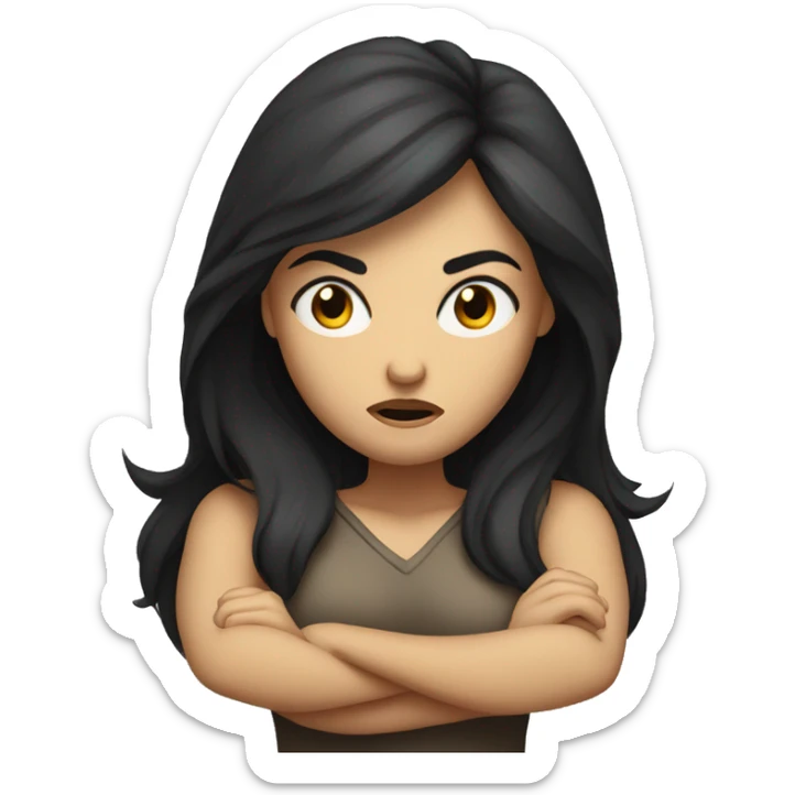 Angry scowling woman, long dark hair, with arms crossed over chest. sticker