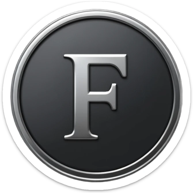 Emoji icon of a black coin with engraved letter F, minimalist style, isolated sticker