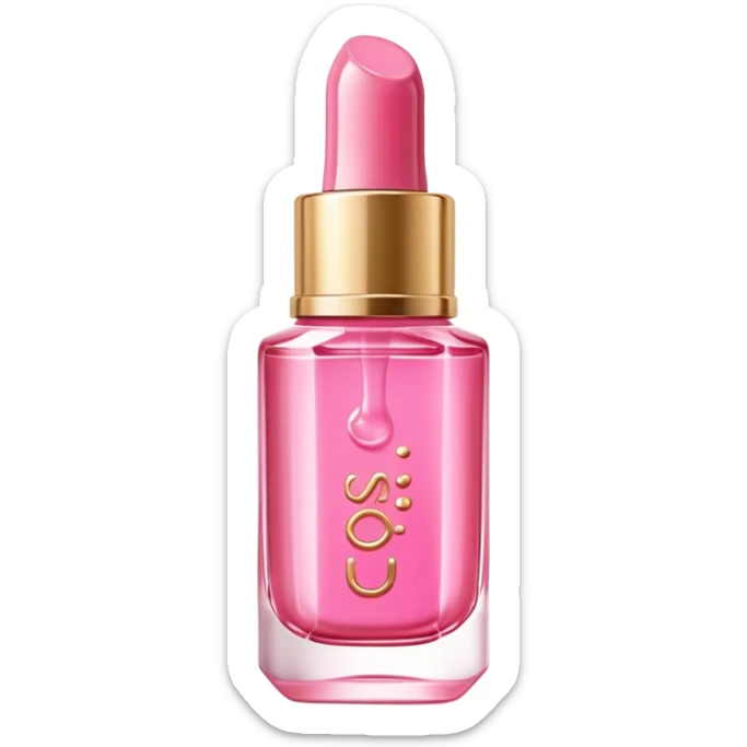 Gisou lip oil in pink color, small transparent bottle with gold cap, pink-tinted lip gloss, honey-infused beauty product sticker