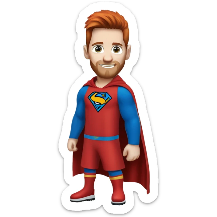 messi with a blue goat, blue eyes, puma hoodie, reddish hair, superman costume  sticker