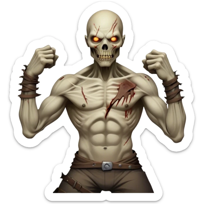 Cinematic Realistic WoW undead civilian Portrait, captured in a fierce, battle-ready stance, muscles taut beneath his tattered, earth-toned attire. His decayed, pallid skin and glowing eyes are rendered with intense lifelike detail and dynamic lighting, high shine, embodying the raw, relentless fury of an undead civilian in the heat of combat. sticker