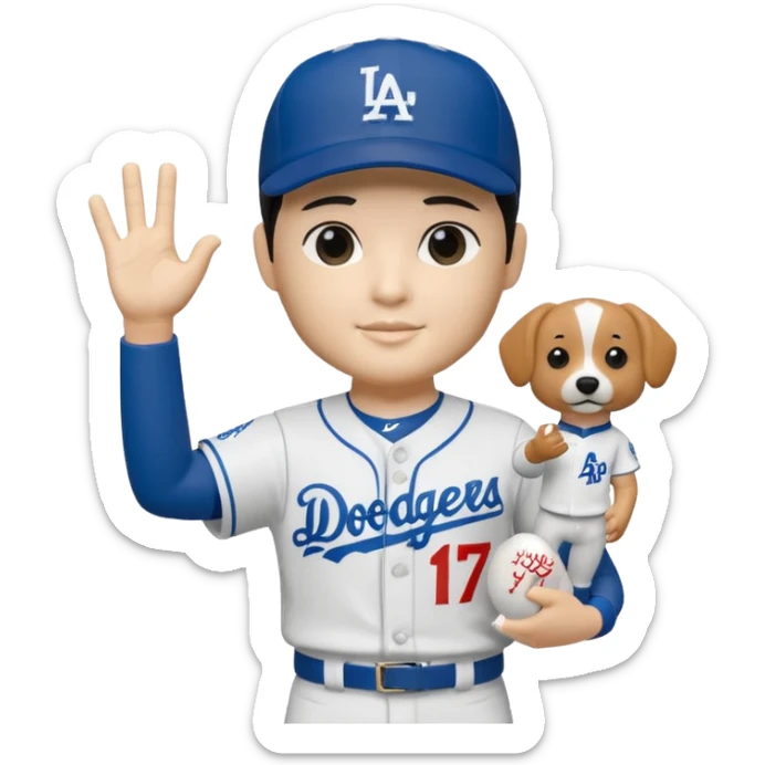 Shohei Ohtani bobblehead holding a dodger dog and #1 hand sign, realistic  sticker