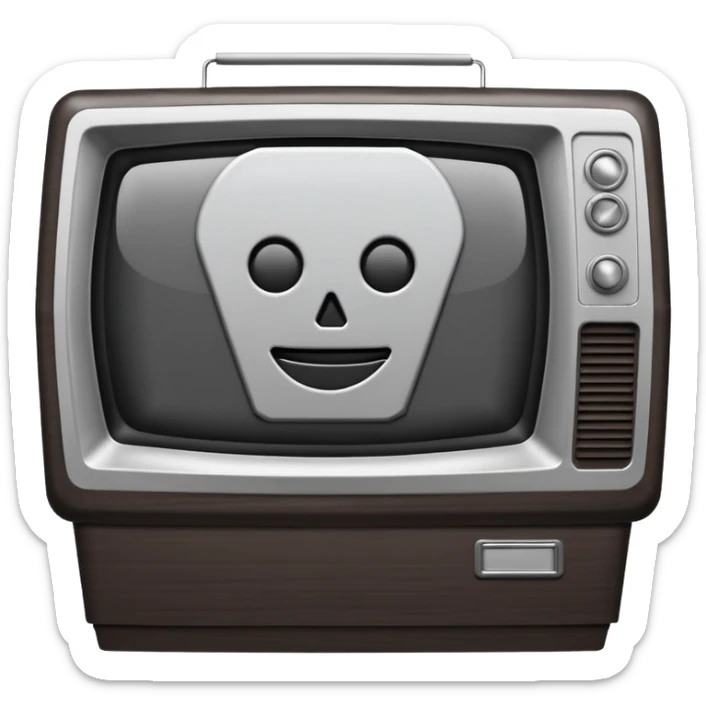 Minimalist emoji-style sticker of a CRT TV in the shape of a coffin, with a cross or static noise on the screen. Desaturated design.  sticker