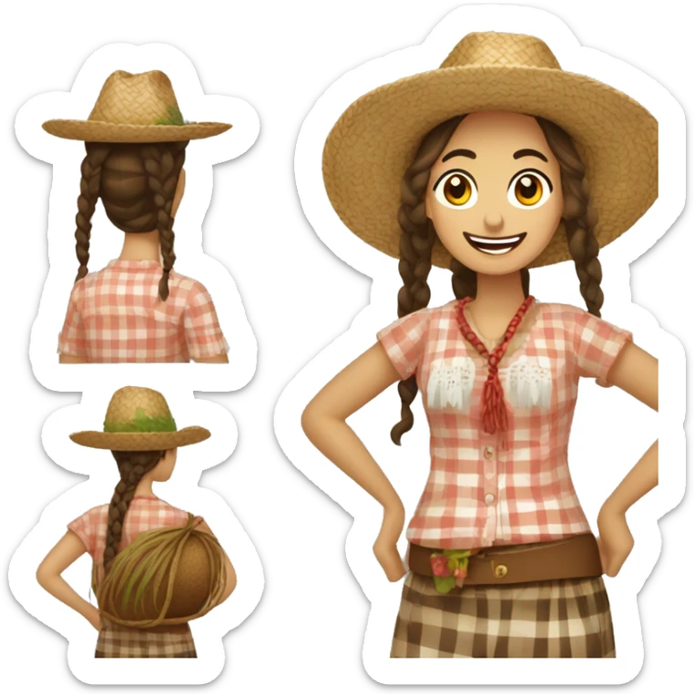 Festa Junina country woman with straw hat, braided hair, checkered clothes sticker