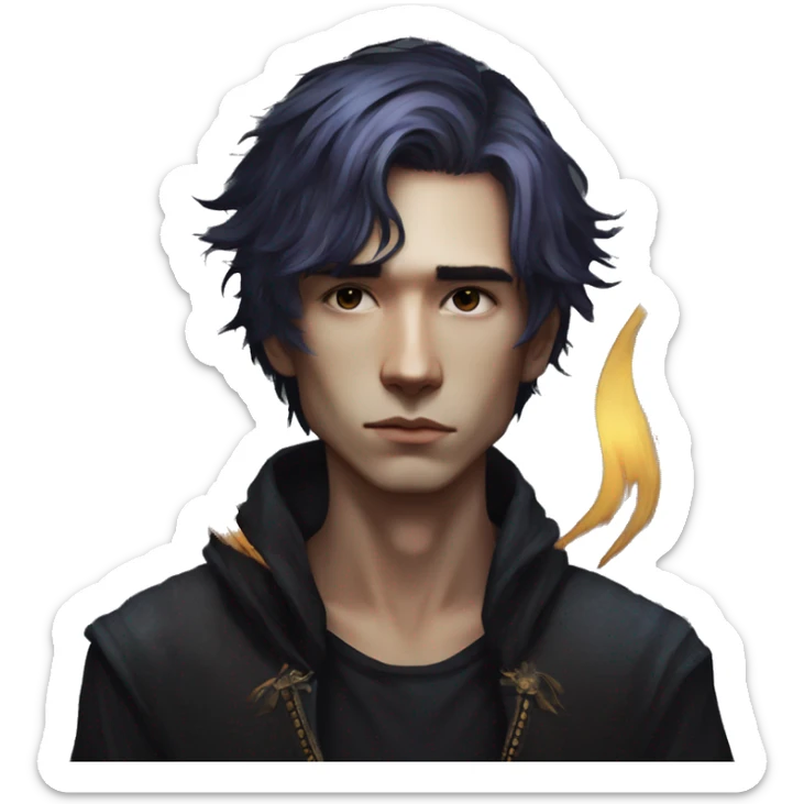 Hamlet young skinny sad man iridescent hair wearing raven feathers with a gilded hourglass and golden flames yin yang  sticker