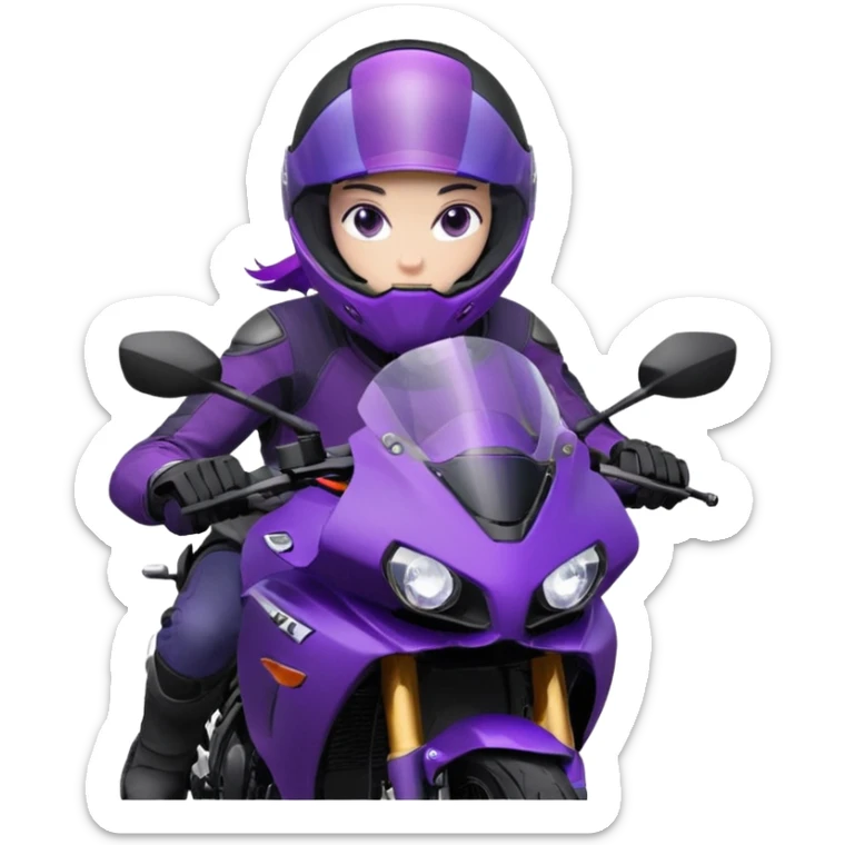 Créer un emoji avec une moto mt07 sport noir mate / violet iridescent très foncé, pare-brise de la moto violet. Avec une pilote dessus, visage masqué par la visière violette . Avec en arrière plan cercle violet. sticker