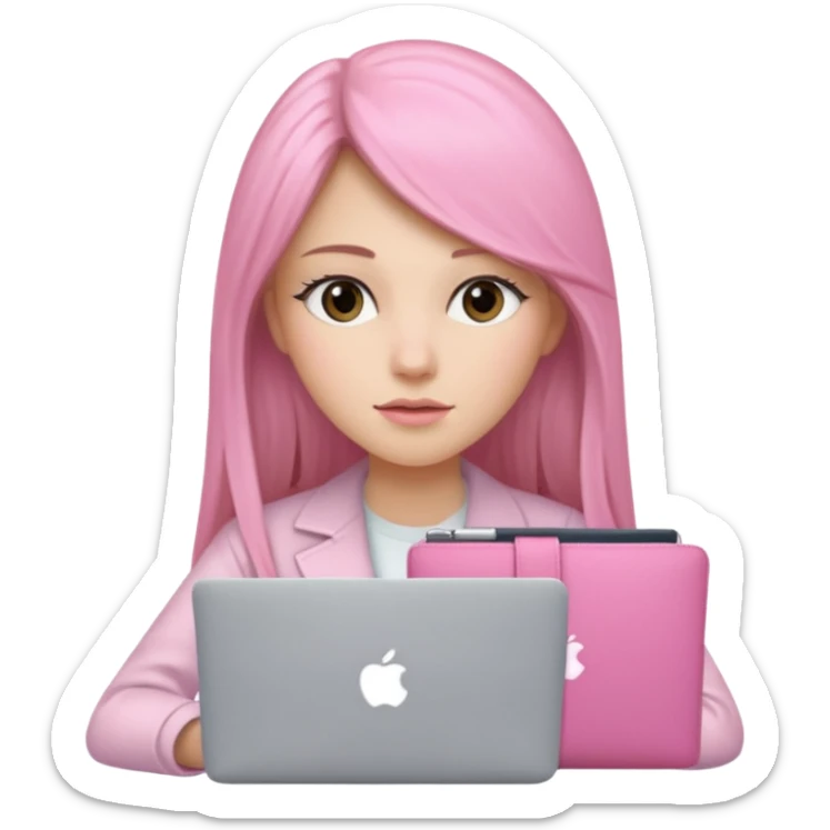 Mujer lacia peli larga y peli larga  en una MacBook rosa investigando y haciendo tareas con un libro de apuntes y con cara muy linda como modelo sticker