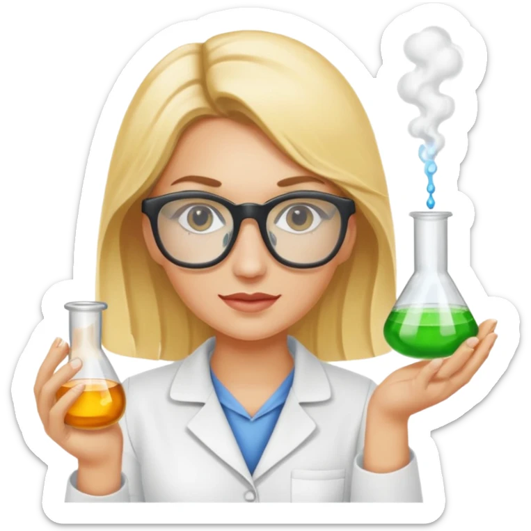 Eine hellblonde Chemikerin mit typischem Erlmeyerkolben in der Hand und Laborbrille auf sticker
