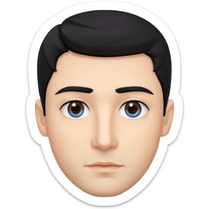 Man. With black hair. Hairstyle texture krop. The skin is beige. One eye is brown, the other is blue. The lips are not big. Beautiful nose. sticker