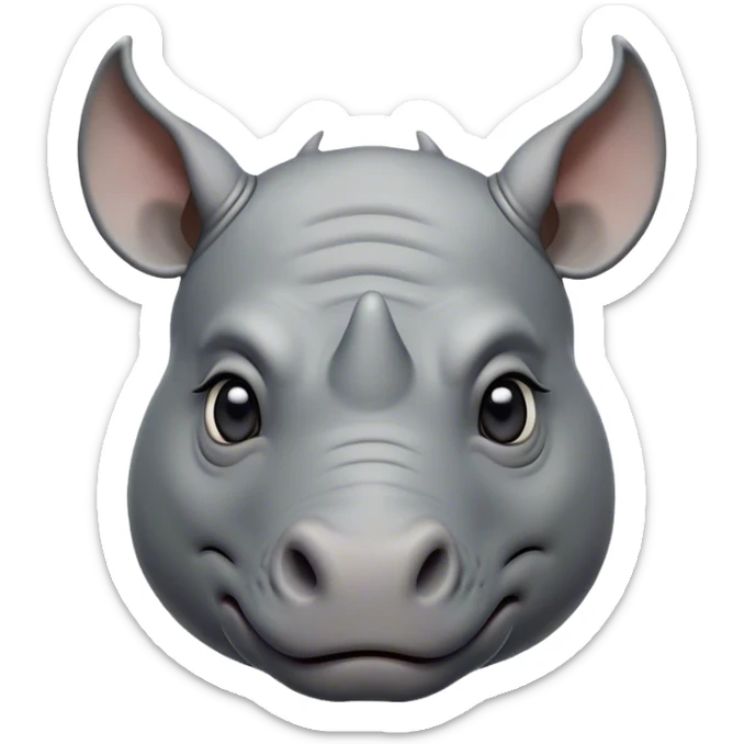 Cinematic Noble Rhinoceros Portrait Emoji, Poised and regal, with a massive, powerful build and a thick, armored hide of slate gray, deep-set soulful piercing eyes, Simplified yet sharp and sophisticated features, highly detailed, glowing with a soft, dignified glow, high shine, intelligent and formidable, stylized with an air of ancient might, focused and attentive, soft glowing outline, capturing the essence of a watchful and commanding behemoth, so majestic it feels as though it could charge out of the screen with effortless authority! sticker