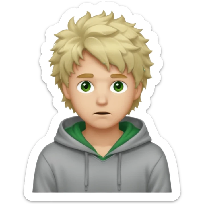 Hot, fluffy messy  hair blond guy with green eyes and grey hoodie closed mouth sticker