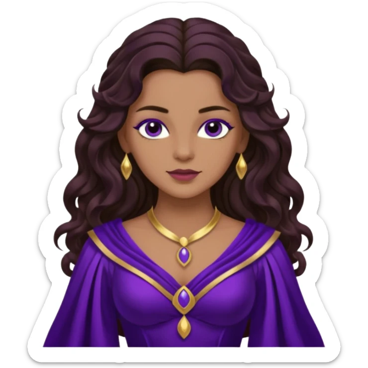 Hyacinth, Divine Hero from Gods and Goddesses with long dark brown wavy hair, deep purple outfit, tan skin sticker