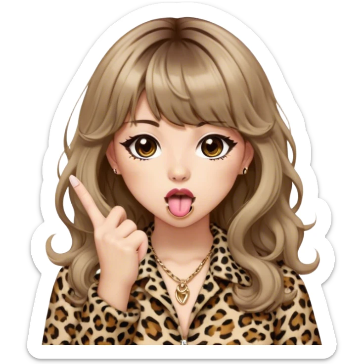  girl with brown medium length wavy hair with bangs, in leopard print gyaru fashion, with tongue out, middle finger sticker