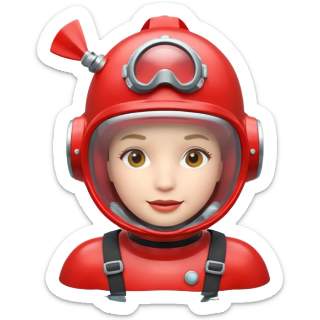 3D cartoon-style human character in the Apple emoji style, wearing a red diving helmet with glass visor sticker