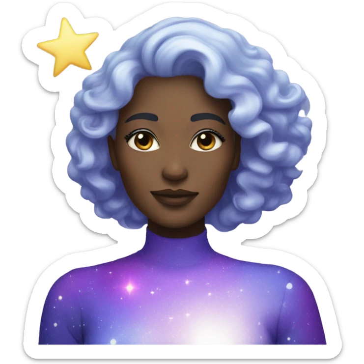 white woman with sparkling galaxy hair with moon and stars in purple and blue shades sticker