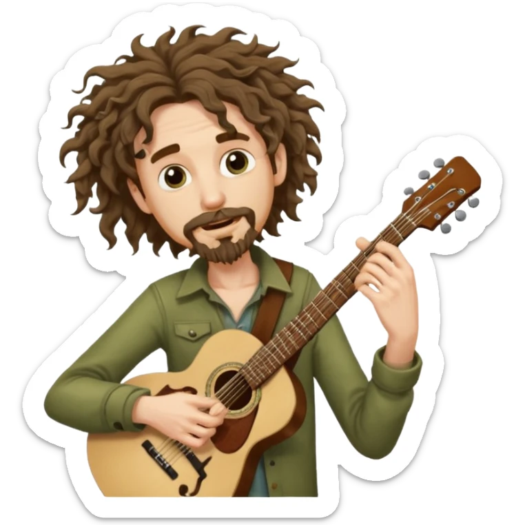 Generate a malnourished dude with curly hair and a shitty goatee who is high on marijuana playing the guitar and twisting a strand of his hair sticker