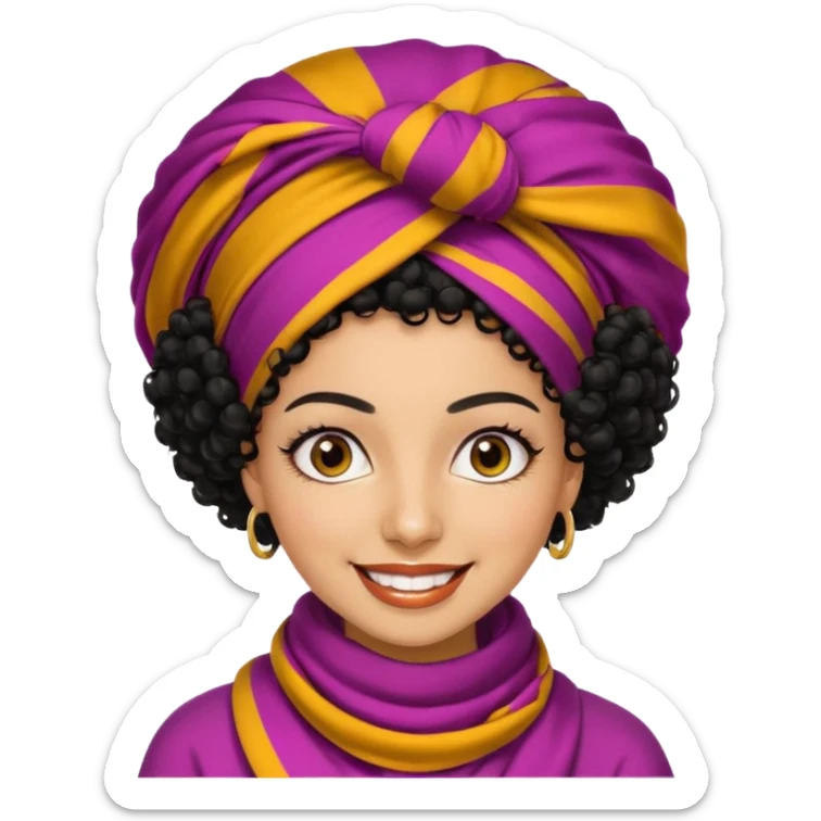 30 year old iranian woman very short curly black hair, big brown eyes, tanned skin, big smile, white teeth, pretty, afro sticker