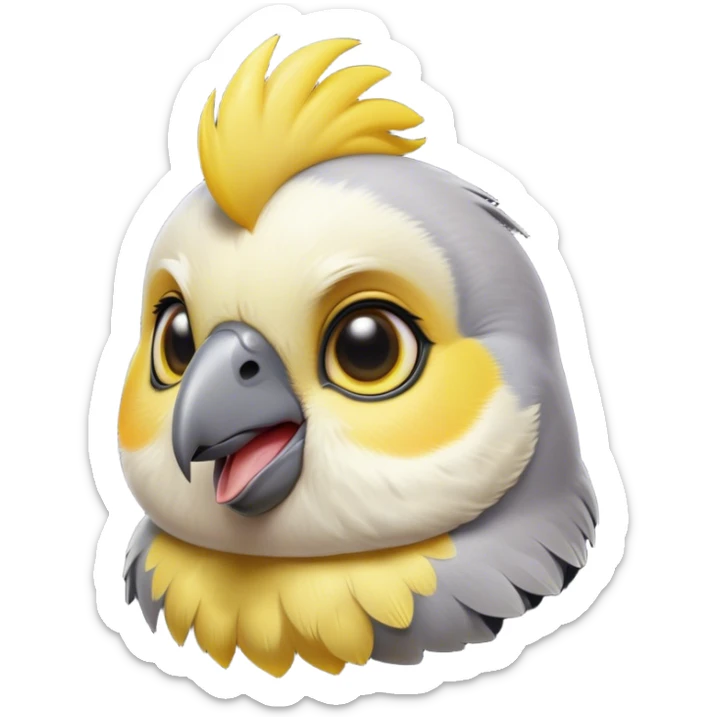 Cinematic Cute Cockatiel Portrait Emoji, Head tilted playfully and inquisitively, featuring a smooth grey fur with bright yellow accents and a perky crest, round, sparkling dark eyes filled with curiosity, Simplified yet irresistibly adorable features, highly detailed, glowing with a warm, friendly glow, high shine, affectionate and lively, stylized with a touch of whimsy, bright and endearing, soft glowing outline, capturing the essence of a mischievous yet loving cockatiel, so playful it feels like it could chirp out of the screen and into your arms! sticker