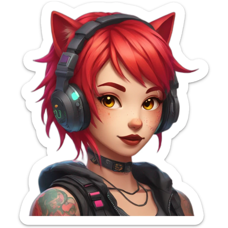 Anime cat gamer girl cyberpunk neon red hair tattoo sticker